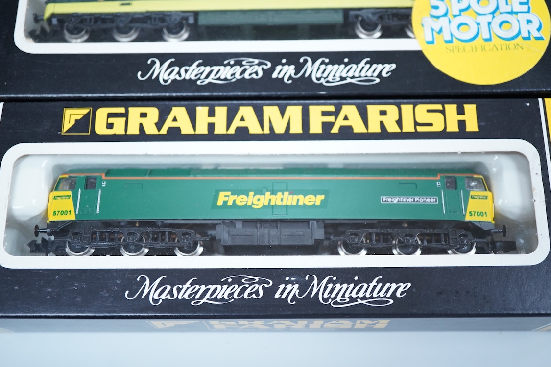 Four boxed Graham Farish N gauge railway electric and diesel locomotives; a BR class 55, Argyle & Sutherland Highlander D9021 (8414), a Freightliner class 57, Freightliner Pioneer 57001 (804A), a Rail Express class 90, P